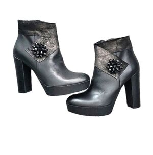 Platform Whimsigoth Zip-Up Leather Boots Chunky Heel Side Embellished Size 39